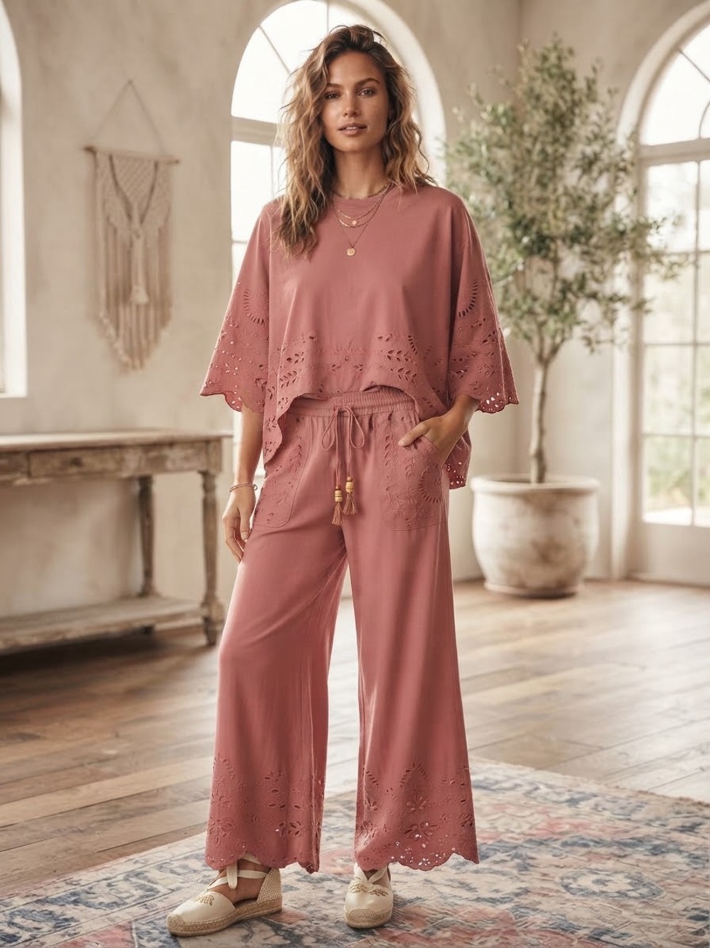 Easel Eyelet Pant Set Pink Wide-Leg Pants and matching shirt